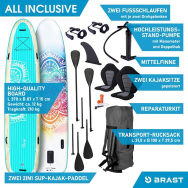 Надувний SUP Board BRASŤ Family | Комплект для сім'ї | XXL | 370x87x15 см, до 210 кг | 7 дизайнів | з аксесуарами (2 сидіння для каяка, 2 петлі для ніг, насос, рюкзак, 2 весла)
