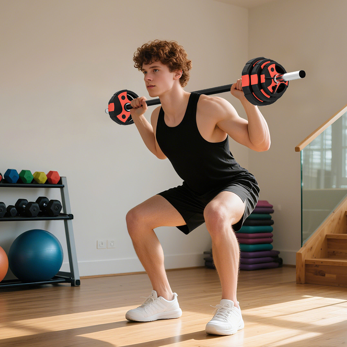 Набір гантелей 20 кг, що включає 6 дисків: 2 x 5 кг, 2 x 2,5 кг, 2 x 1,25 кг, нековзна штанга, чорний+червоний