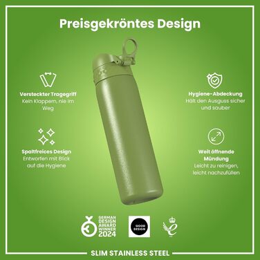 Фляга для води ION8 Leicht 600 мл, неізольована, з клапаном, не протікає, з ручкою, сталь, хакі