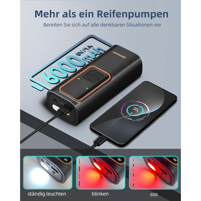 Електрична повітряна помпа 10.3 Bar з акумулятором, 6000mAh та 12V DC, для авто, мото, велосипеда, з LED-ліхтариком та автовимкненням (Оранжева, I7)