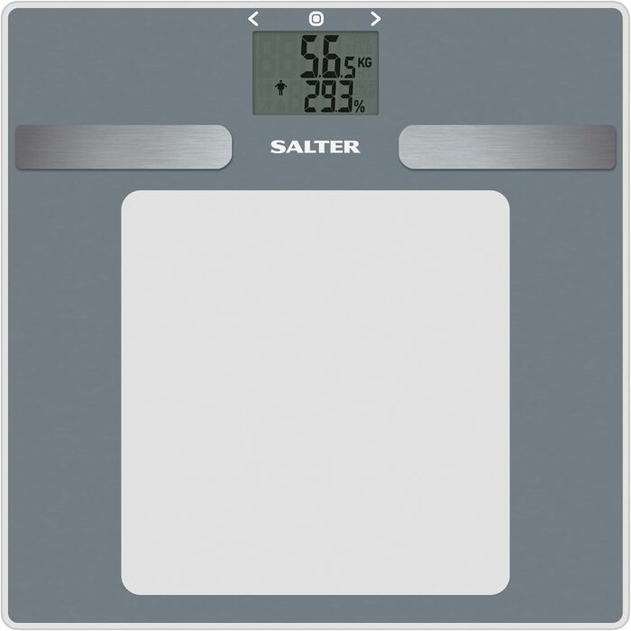 Скляна цифрова вага Salter 9194 SV3R для аналізу тіла, LCD-дисплей, до 180 кг, вимірювання жиру, води, м'язової та кісткової маси, ІМТ, BMR, 10 користувачів, спортивний режим, срібляста