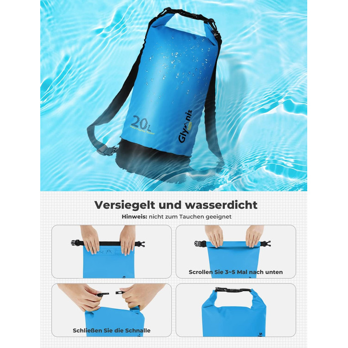 Водонепроникний мішок Glymnis Dry Bag 10L/20L: Сумка для водного спорту, пляжу, кемпінгу (Блакитний)