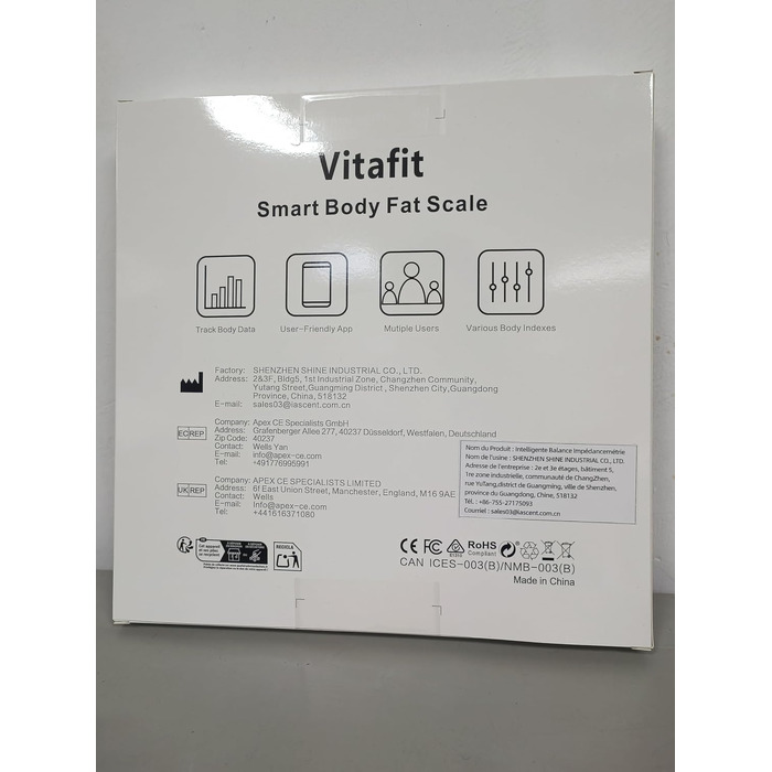 Розумні електронні ваги Vitafit з Bluetooth та APP: аналізатор складу тіла (жир, BMI, м'язова маса), до 182 кг, чорні, 28 x 28 см