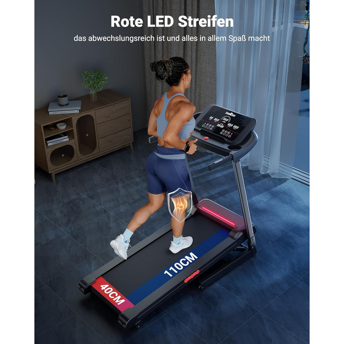 Біговий тренажер THERUN для дому та офісу, 14 км/год, 3.0 PS, нахил, датчики пульсу, складний, 136 кг, LED-підсвітка