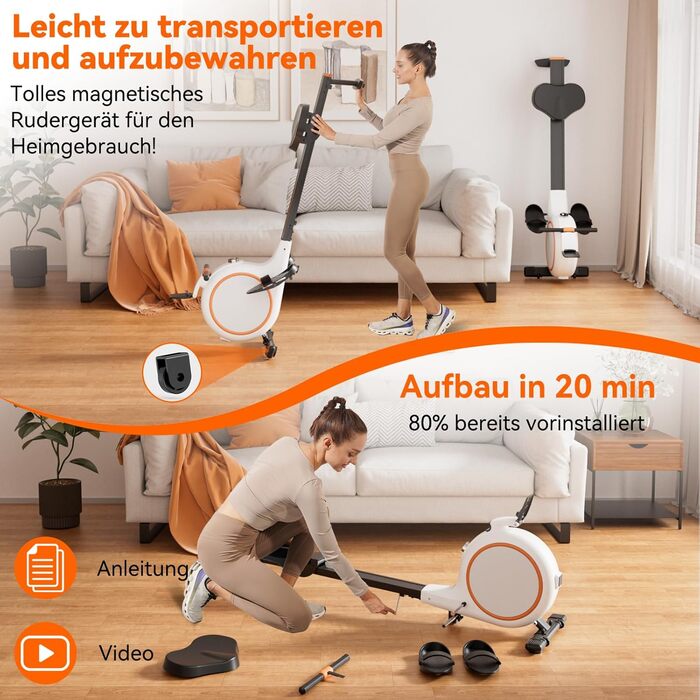 Гребний тренажер для дому з магнітним опором, 32 рівні, 136 кг, сумісність з додатком, LCD-дисплей, білий-помаранчевий