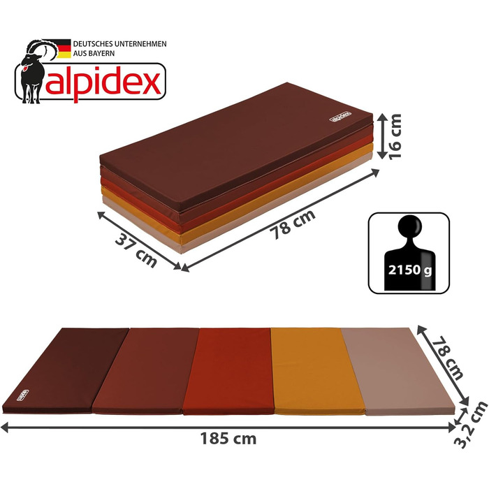 ALPIDEX Складаний м'який мат для гімнастики 185x78x3,2 см, спортивний мат для дому, для дітей і дорослих, червоний
