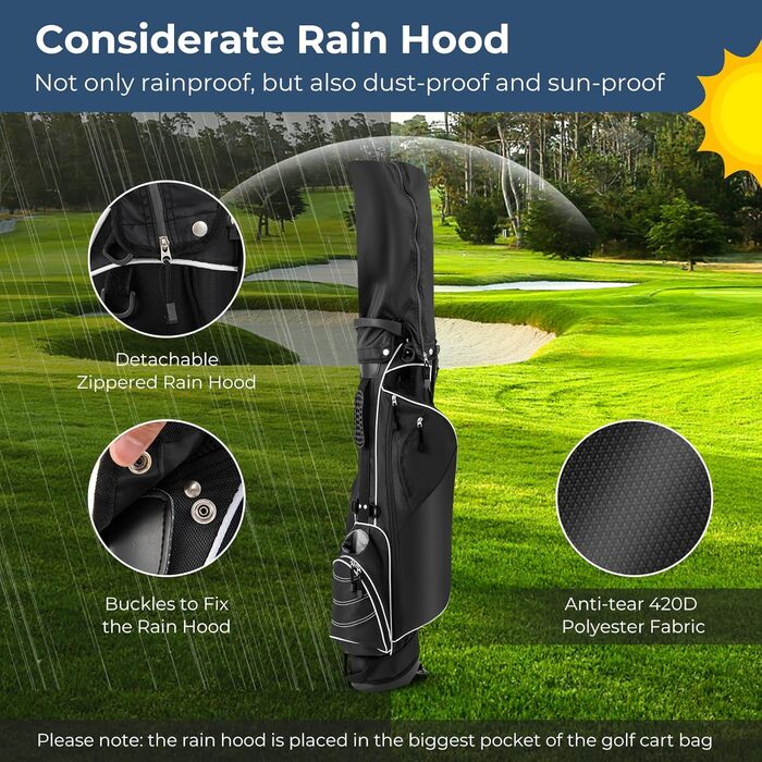 Сумка для гольфу GYMAX Stand Bag, 4-х секційна з 4 кишенями на блискавці, термосумка, дощовик та м'який плечовий ремінь. Легка та портативна сумка для гольфу для чоловіків/жінок, чорний колір