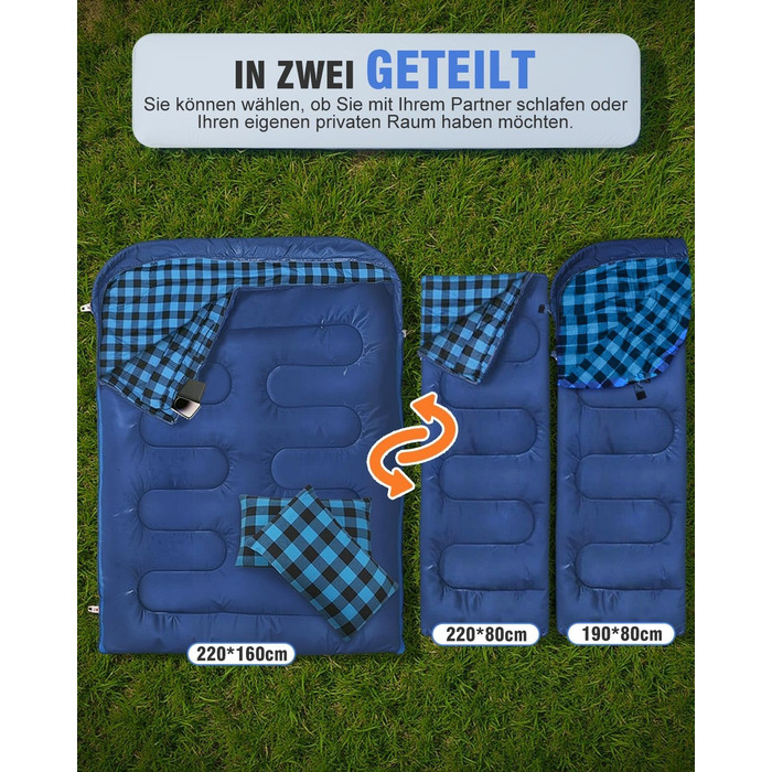 Спальний мішок для двох осіб з флянелі, 220 x 160 см, з двома блискавками, 2 подушки та сумка для перенесення, для дорослих, блакитний