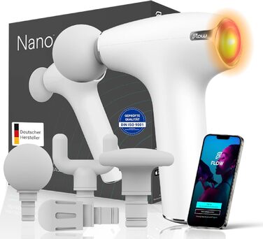 Flow® NANO Масажний пістолет для м'язів, міні масажер з вібрацією та функцією нагріву, легкий і тихий, 310 г, сертифікат DIN ISO 9001, проти напруги