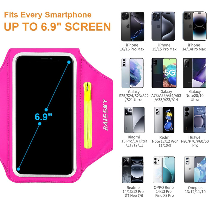 Спортивний браслет Haissky з кишенькою для навушників. Сумісний з iPhone, Huawei, Xiaomi, Galaxy. Сірий/Рожевий (до 6.9 дюймів)