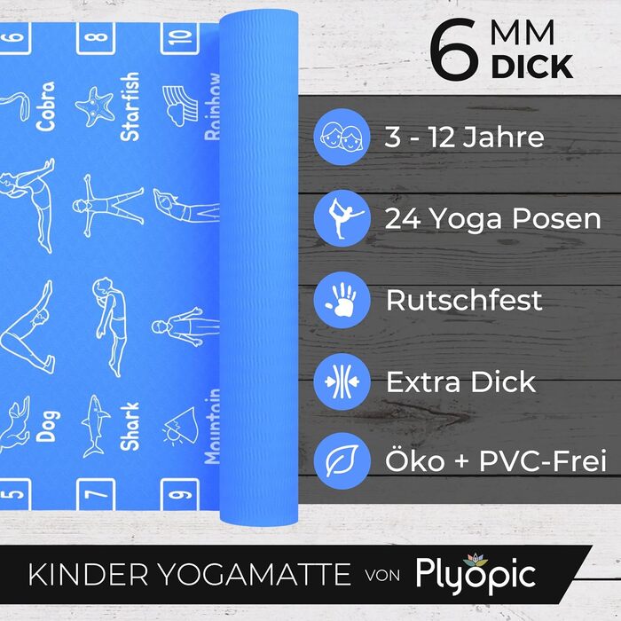 Дитячий килимок для йоги Plyopic – легкий, неслизький, TPE, 6 мм, з зображенням тварин – ідеально для дітей 3–12 років (школа, дитячий садок, йога)