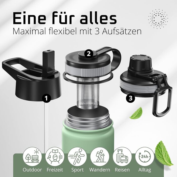 Фляга ACTIVE FLASK з нержавіючої сталі з трубочкою (3 кришки), BPA-free, не протікає, підходить для газованої води - спортивна пляшка, термопляшка, ізотермос, фляга для дітей, чай (680 мл, Sage)