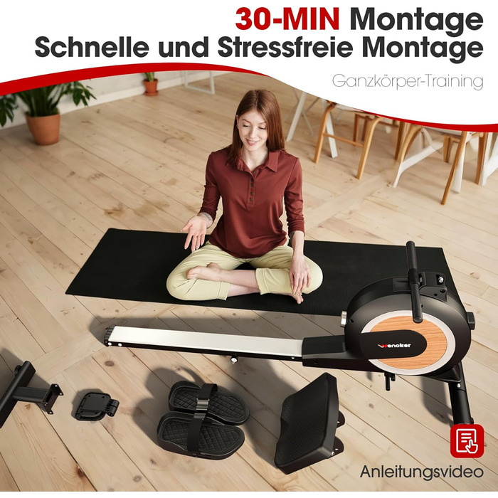 Веномкер тренажер для греблі, магнітний, для дому, 16 рівнів опору, 160 кг, з'єднання з APP, чорний