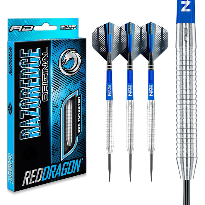 Професійні дартси Red Dragon Razor Edge, вольфрамові, 65 г, сталевий наконечник, сріблясті, з оперенням і шафтами