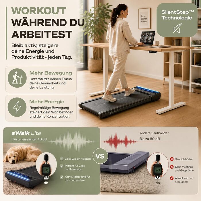 Бігова доріжка Sportstech sWalk Lite Walking Pad для дому та офісу, нахил 6%, до 6 км/год, LED-дисплей, керування через додаток та пульт, компактна, до 150 кг, чорна
