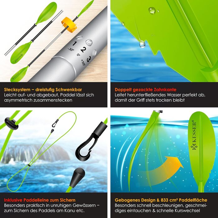 Веслування KESSER® Paddle Doppelpaddel - 4-частини для каяка, SUP, станд-ап паділбордингу, 228 см, алюміній. Ідеально для човна, веслування стоячи. В комплекті: страховочна мотузка, чохол для телефону, дошка для серфінгу. (Зелений)