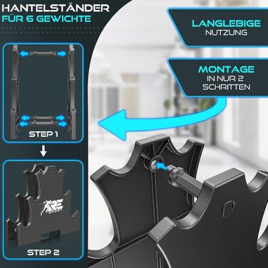 Набір гантелей RE:SPORT® 18 кг з підставкою та фітнес-гумками | 3 пари гантелей (1-5 кг) | Нековзкі гантелі з неопрену для жінок та чоловіків | Кольори: блакитний, сірий, темно-синій