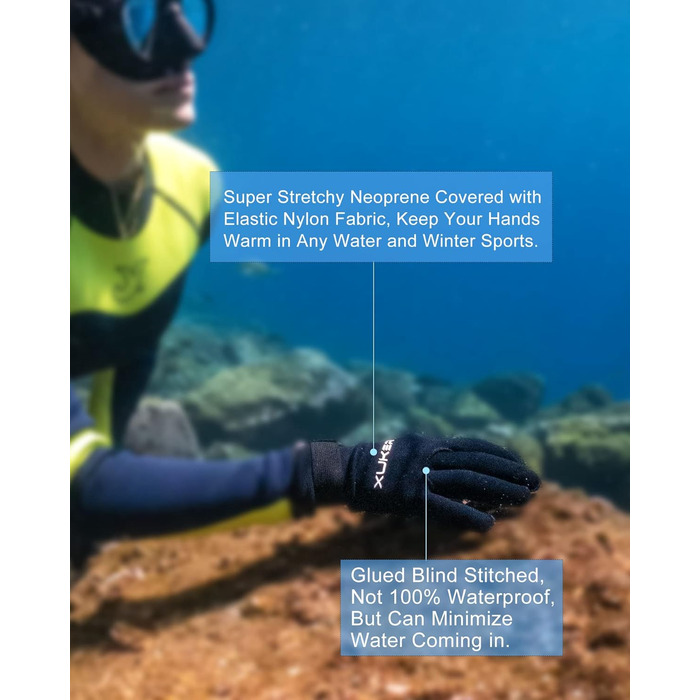 Водні рукавички XUKER 3 мм та 5 мм неопрен, п'ятипалі, теплі, для дайвінгу, снорклінгу, веслування, серфінгу, каякінгу, каное, підводного полювання, катання на лижах (3 мм, чорний)