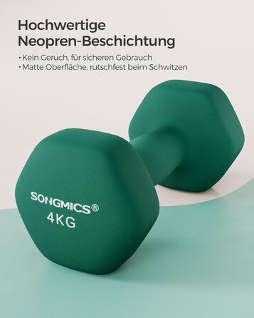 Гантелі SONGMICS 2 x 4 кг, шестигранні, неопринове покриття, для силових тренувань вдома, зелений колір