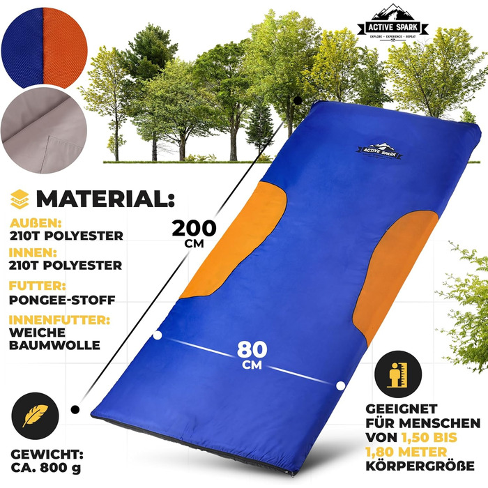 Сплячий мішок ACTIVE SPARK зимовий -20°C, водовідштовхувальний, дихаючий, з кишенею для грілки, для кемпінгу, блакитний/помаранчевий