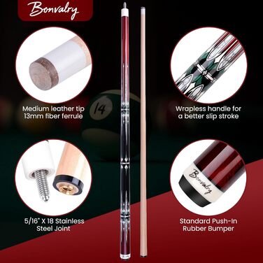 Набір для більярду Bonvalry Pool-Queue-Kit: якісний більярдний кий з пробірного клена, кейс та аксесуари. Вага: 595 г