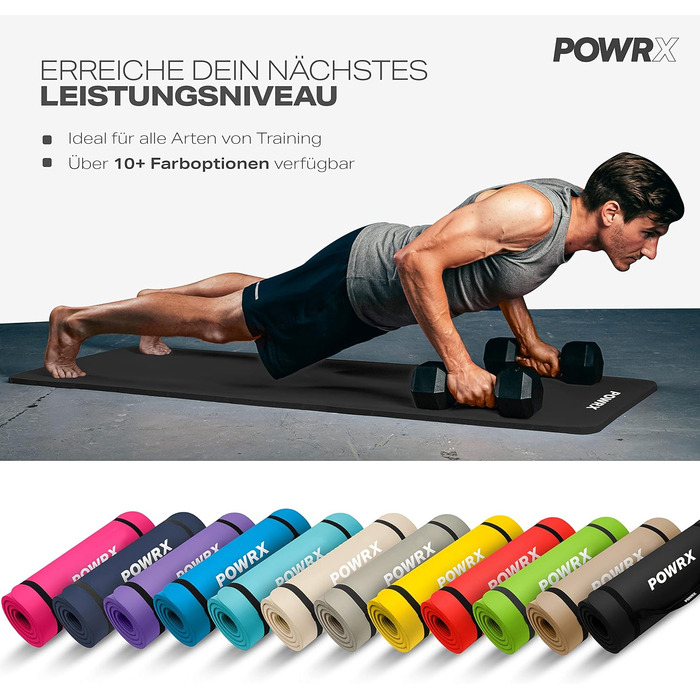 Килимок для йоги, гімнастики та пілатесу POWRX - чорний, 190 x 100 x 1.5 см, з чохлом та інструкцією