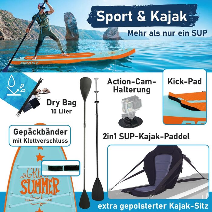 SUP дошка BRAST Summer надувна з набором аксесуарів (320x81x15 см) - бірюзова. Гарантія 5 років