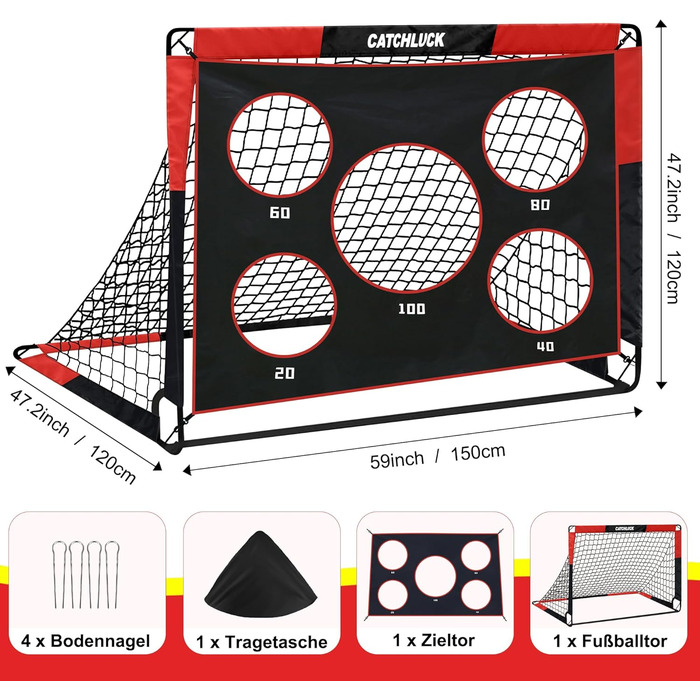 Дитячі футбольні ворота CATCHLUCK 2-в-1 для саду, 150x120x120 см, з 5 отворами для ударів, сумкою та кілочками, червоні