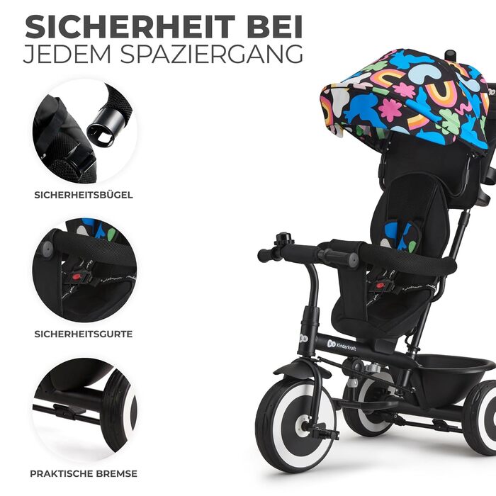 Триколісний велосипед Kinderkraft ASTON для дітей від 9 місяців до 25 кг з батьківською ручкою, поворотним сидінням, сонцезахисним козирком, корзиною та тримачем для напоїв (Happy Shapes, Single)
