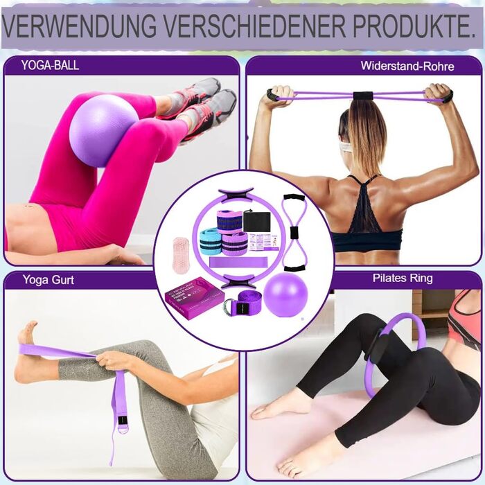 Набір для пілатесу вдома 9шт: м'яч, стрічки, кільце, гурт, шкарпетки, аксесуари для жінок, фітнес, пілатес-реформер (фіолетовий)