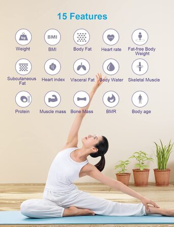 Healthkeep електронна вага для аналізу складу тіла: жирові відсотки, м'язова маса, 15 показників, моніторинг пульсу, великий VA-екран, синхронізація з додатком для iOS та Android