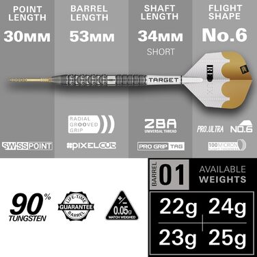 Дарти сталеві Target Darts Redux 90% Tungsten (22G/23G/24G/25G/26G) + пір'я Pro Ultra Nr. 6 + стержні Pro Grip + інструмент для ремонту