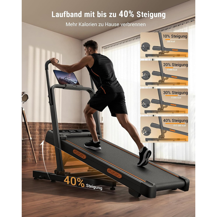Складана бігова доріжка UMAY Walking Pad з нахилом 40% для дому та офісу, подовжені поручні 130 см, компактний дизайн, безшумна робота, чорна