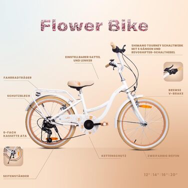 Дитячий велосипед Sun Baby Flower 20 дюймів, 6 швидкостей, Shimano, для дівчаток 6-10 років, регульований