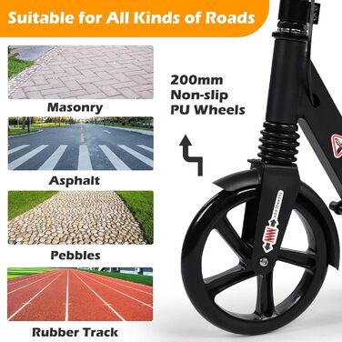 Дитячий складний самокат з великими колесами 200 мм, дискові гальма, регульована висота, з ремінним ременем (Чорний)