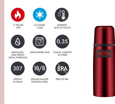 Термос із нержавіючої сталі Thermos Light & Compact 0,35 л, червоний, із чашкою, зберігає тепло 12 годин, холод 24 години, герметичний, BPA Free, можна мити в посудомийці