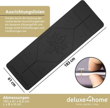 Килимок для йоги та фітнесу deluxe4home, нековзкий, з ременем для перенесення, для пілатесу і тренувань, з лініями вирівнювання, чорний