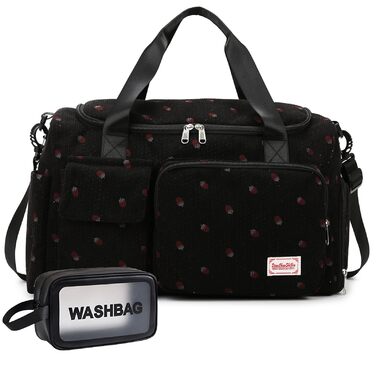 Жіноча маленька спортивна сумка для подорожей та ручної поклажі з відділенням для взуття, набором з косметичкою та мішком для речей (Колір: Полуниця/Чорний)