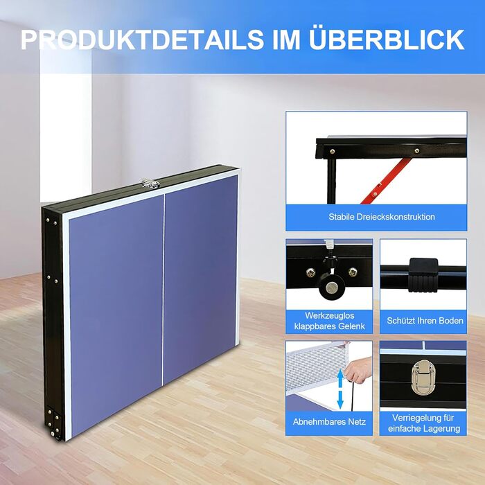 Стіл для пінг-понгу Muenfly з сіткою та набором ракеток – Outdoor/Indoor, складаний, з 2 ракетками та м'ячами, стабільний дизайн, синя ігрова поверхня, простий монтаж для дітей та дорослих