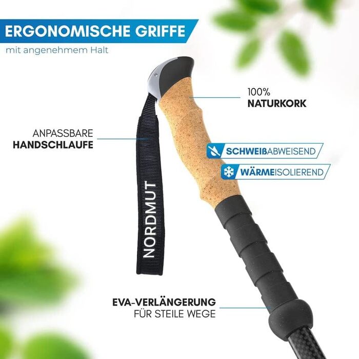 Тростини для відпочинку NORDMUT® Telescopic | Чоловічі та жіночі палиці для скандинавської ходьби | Легкі трекінгові палиці [з набором гумових накідок] регульовані з ручками з натуральної кори (Carbon)