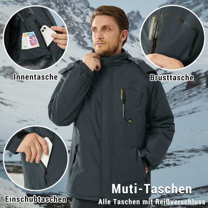 Чоловіча зимова куртка KEFITEVD: водонепроникна, дихаюча, з капюшоном, для сноуборду та активного відпочинку, сірий колір