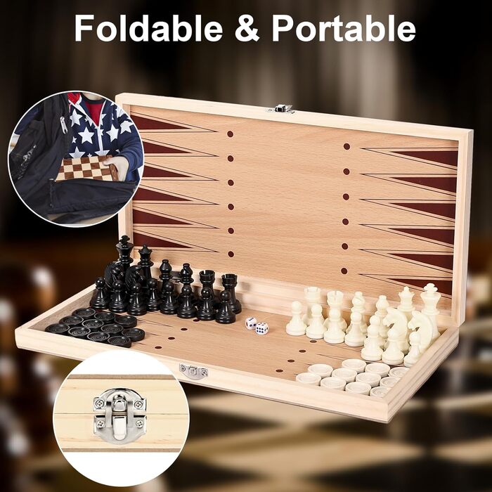 Набір для шахів магнітний 3 в 1 Mkitnvy, дерев'яний, преміум-якість, шахи та шашки, складаний, для дорослих та дітей