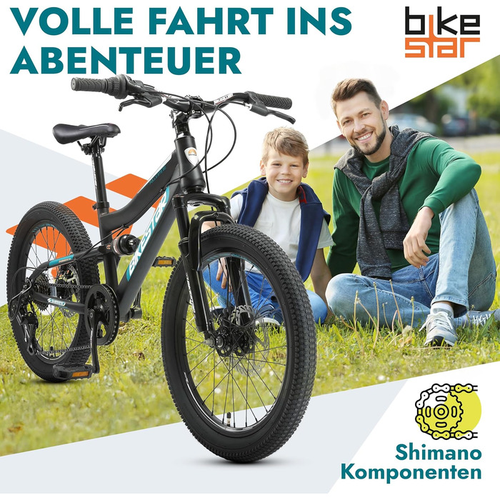 Дитячий гірський велосипед BIKESTAR 20 дюймів, 7 швидкостей Shimano, дискові гальма, для дітей від 6 років, чорний/зелений