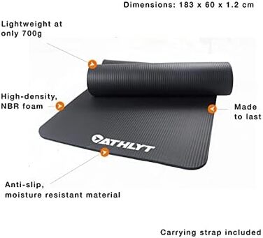 Фітнес килимок Athlyt, чорний, 183 x 60 см, для дому