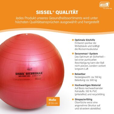 Гімнастичний м'яч SISSEL SECUREMAX 55 см, до 500 кг, PVC, для фітнесу та терапії, з постером, червоний