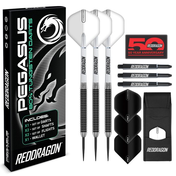 Дарти RED DRAGON Pegasus Profi 80% Tungsten 21/23/25/26/28/30г - набір сталевих дротиків з пір'ям, стеблами та кейсом
