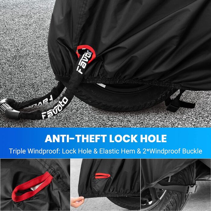 Водонепроникний чохол для мотоцикла Favoto 210D Oxford, 245x105x160 см, з отвором для замка та смугами світловідбиття