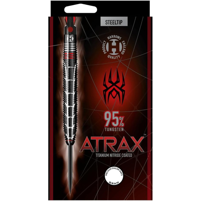 Дротики Harrows Atrax 95% вольфрамові зі сталевим наконечником, набір для дартсу 21–26 г, карбонові ST-шафти, 100 мікрон Atrax Red оперення