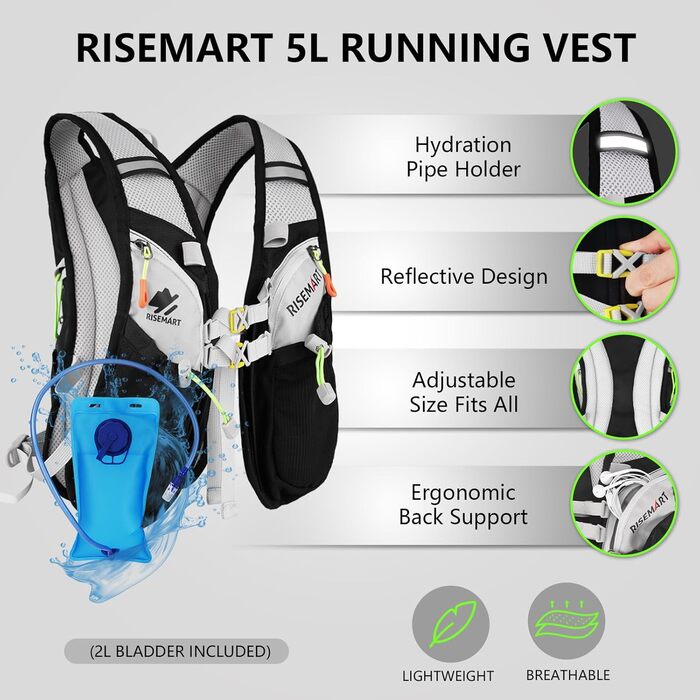 Жилет для бігу унісекс RISEMART з питною системою 2л: рюкзак для марафону, велоспорту, хайкінгу, чорно-сірий