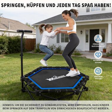 Складаний фітнес-батут для дому з регульованою ручкою, Ø 86.5 см, навантаження до 150 кг, синій — для дорослих та дітей